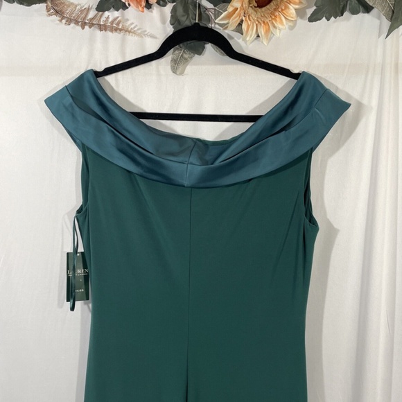 NWT Lauren‎ Ralph Lauren [ 16 ] Leonetta Satin V-Neck Jersey Gown in Green - Picture 14 of 15